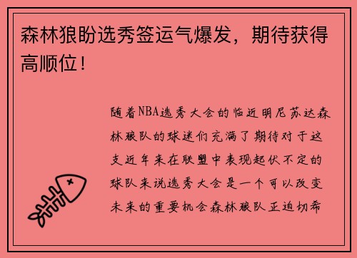森林狼盼选秀签运气爆发，期待获得高顺位！
